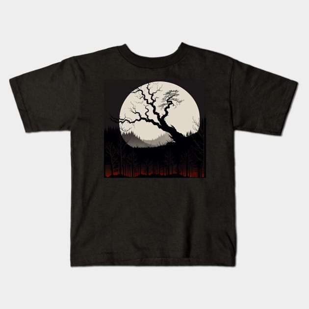 Spooky Tree in Front of a Full Moon Kids T-Shirt by CursedContent